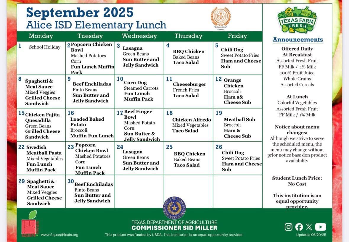 Lunch menu for September 